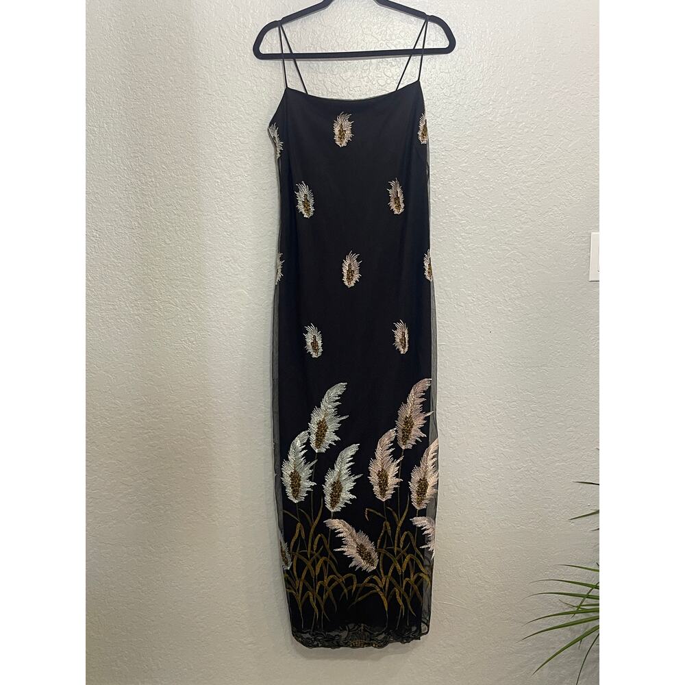 Green Land Maxi Dress – Leaf Silhouette | Mesh Straps | Vintage Size M